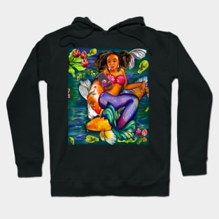 Mermaid checking her phone with Koi fish in koi pond with plants and flowers Hoodie